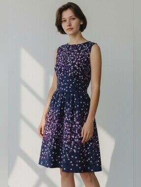Navy Sleeveless Fit-and-Flare Dress with Lavender Dot Print